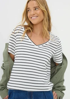 Cream Stripe V-Neck Regular Fit T-Shirt