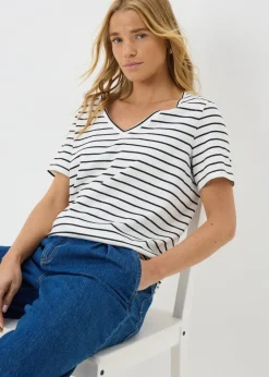 Cream Stripe V-Neck Regular Fit T-Shirt