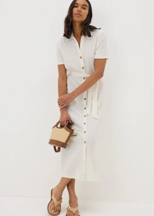 Cream Textured Shirt Midi Dress