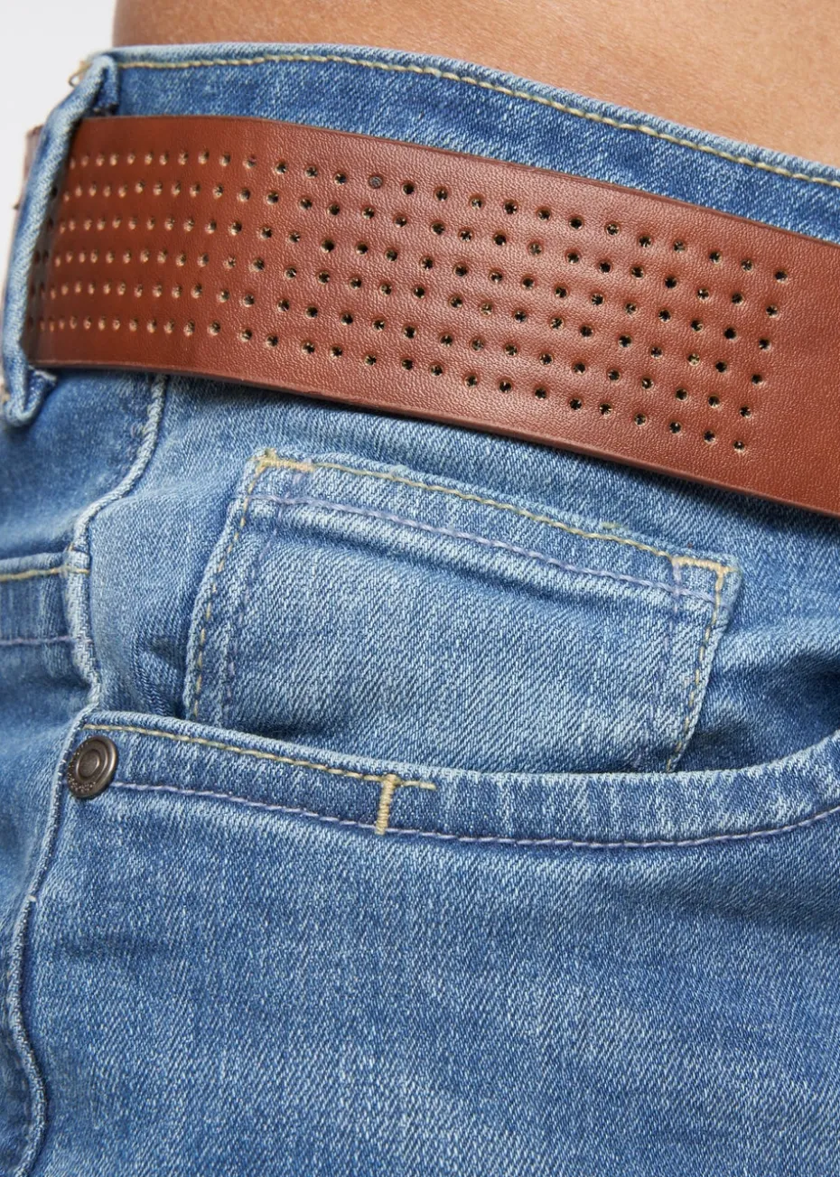 Crosshatch Blue Wash Farrowed PU Belted Jean