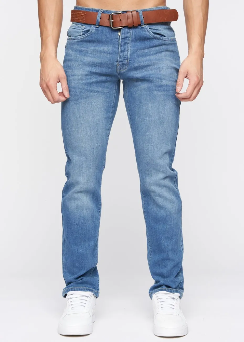 Crosshatch Blue Wash Farrowed PU Belted Jean