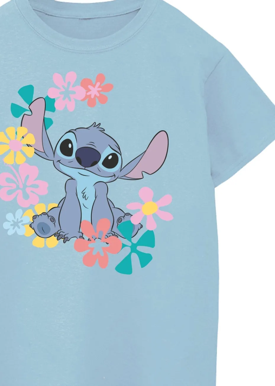 Disney Lilo & Stitch Flowers Girls Blue T-Shirt (3-13 Years)