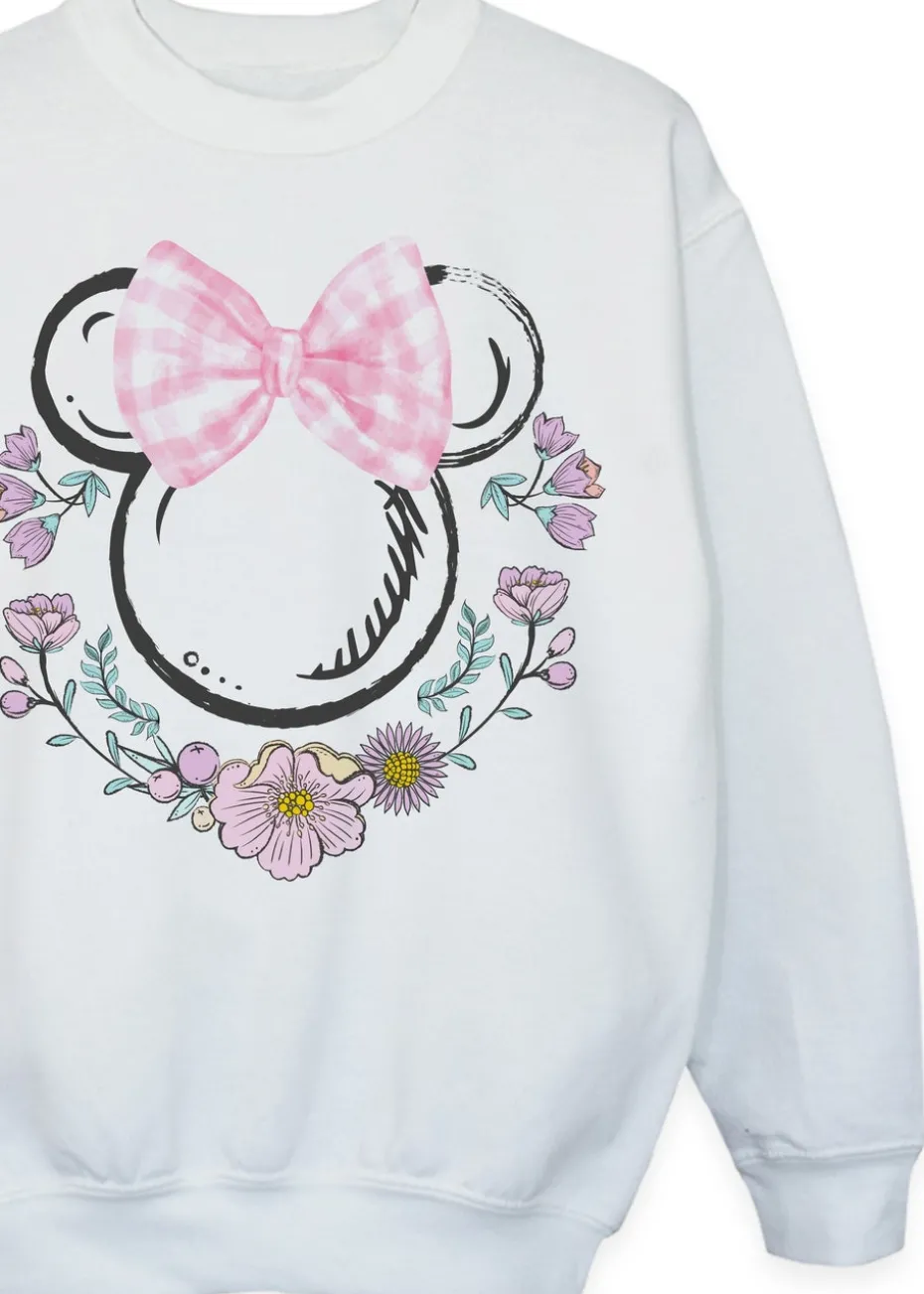 Disney Minnie Mouse Flowers Logo Girls White Graphic Sweatshirt (3-13 Years)