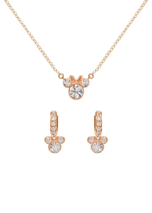 Disney Minnie Mouse Rose Gold Plated Crystal Hoop Earrings & Necklace Set