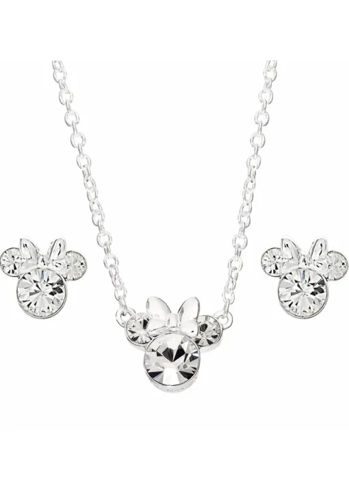 Disney Minnie Mouse Silver Plated Crystal Necklace & Stud Earring Set
