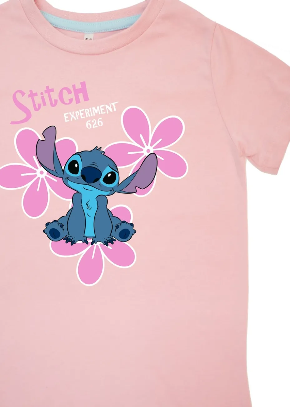 Disney Stitch Flowers Girls Baby Pink Hearts Pyjamas (3-8 Years)