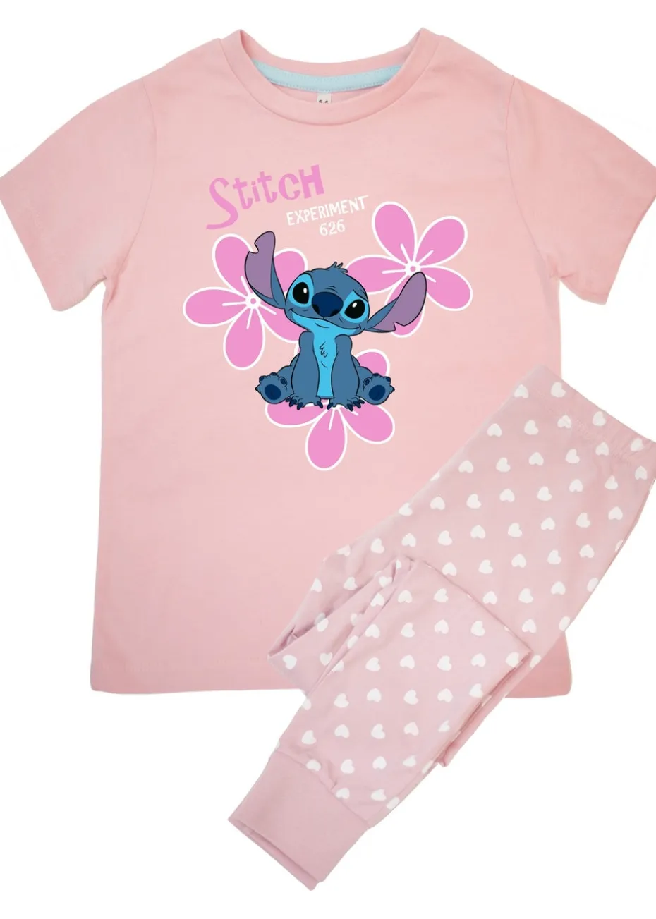 Disney Stitch Flowers Girls Baby Pink Hearts Pyjamas (3-8 Years)