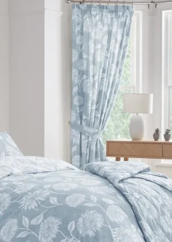 Dreams & Drapes Design Chrysanthemum Blue Pencil Pleat Curtains With Tie-Backs