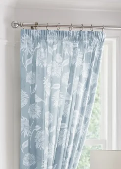 Dreams & Drapes Design Chrysanthemum Blue Pencil Pleat Curtains With Tie-Backs