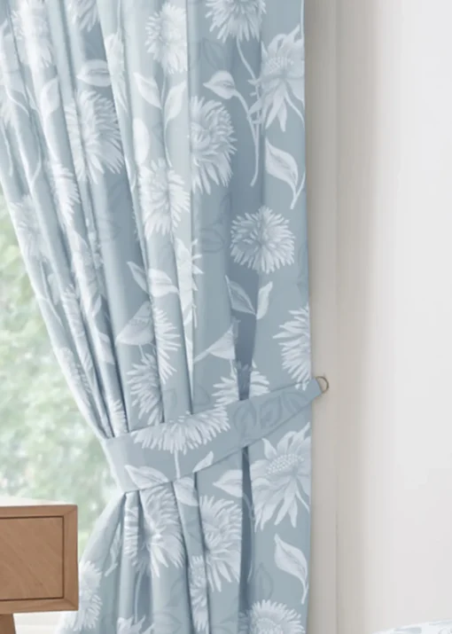 Dreams & Drapes Design Chrysanthemum Blue Pencil Pleat Curtains With Tie-Backs