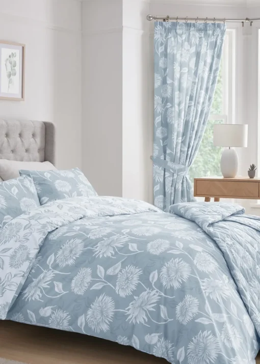 Dreams & Drapes Design Chrysanthemum Blue Pencil Pleat Curtains With Tie-Backs