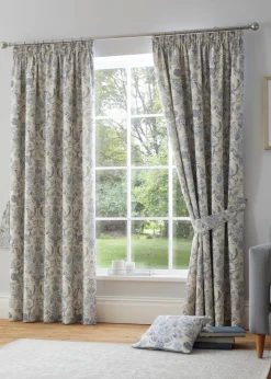 Dreams & Drapes Design Averie Blue Pencil Pleat Curtains With Tie-Backs