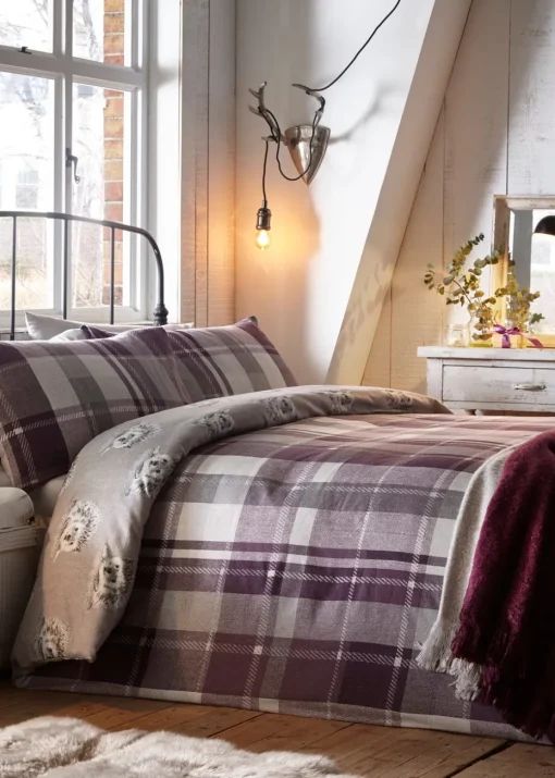 Dreams & Drapes Lodge Colville Check Brushed Cotton Purple Duvet Cover Set