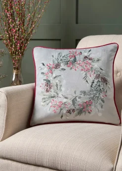 Dreams & Drapes Lodge Winter Sprigs Christmas Green Velvet Filled Cushion (43cm x 43cm)