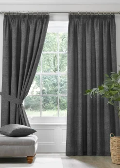 Dreams & Drapes Pembrey Brushed Cotton Grey Pencil Pleat Curtains With Tie-Backs