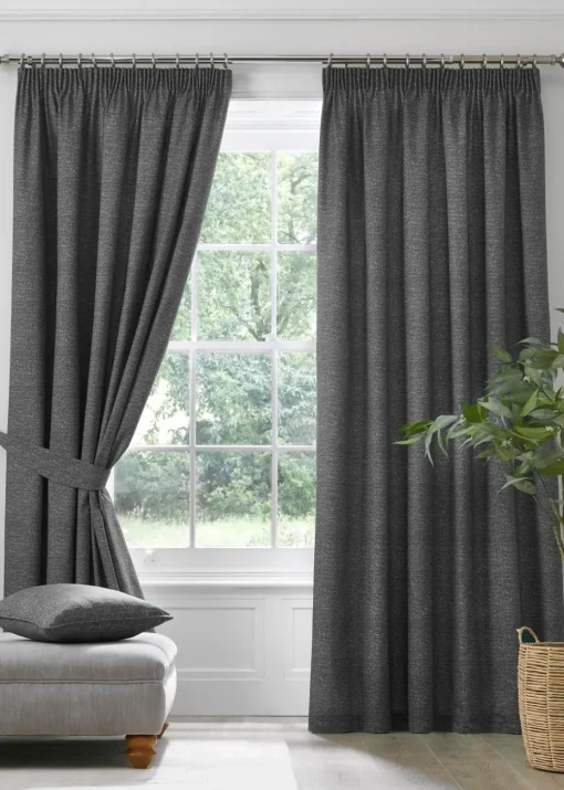 Dreams & Drapes Pembrey Brushed Cotton Grey Pencil Pleat Curtains With Tie-Backs