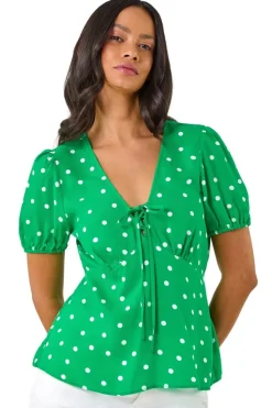 Dusk Green Dusk Spot Print Tie Front Top