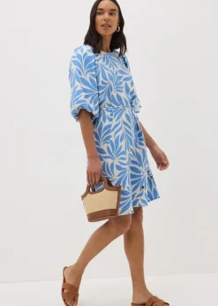 Et Vous Blue Palm Tie Waist Mini Dress