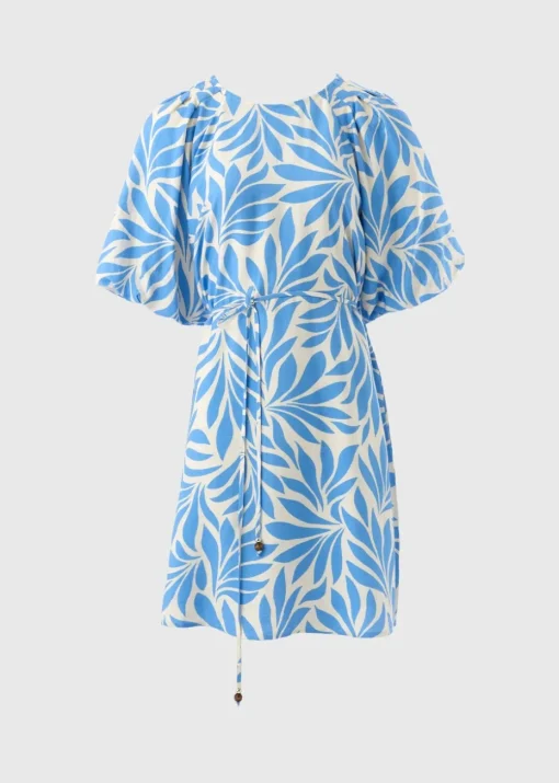 Et Vous Blue Palm Tie Waist Mini Dress