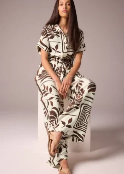 Et Vous Brown Abstract Leaf Co Ord Tie Waist Shirt