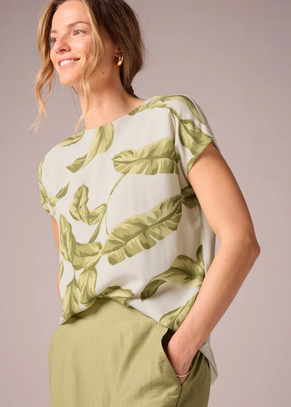 Et Vous Cream Leaf Print Jersey Back T-Shirt