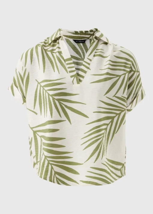 Et Vous Green Palm Print Airflow V-Neck Blouse