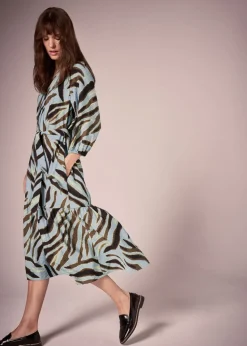 Et Vous Green Zebra Belted Midi Dress