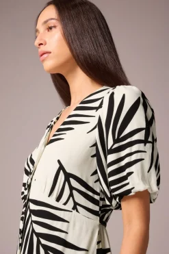 Et Vous White Monochrome Leaf Belted Midi Tea Dress