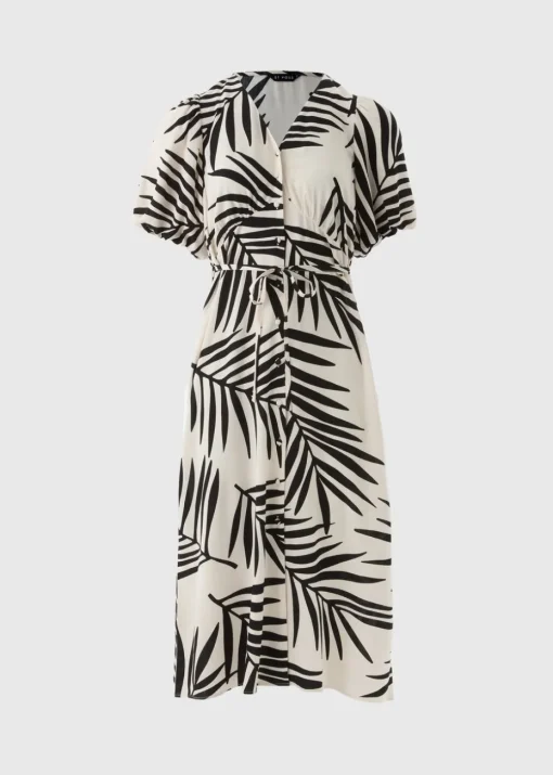 Et Vous White Monochrome Leaf Belted Midi Tea Dress