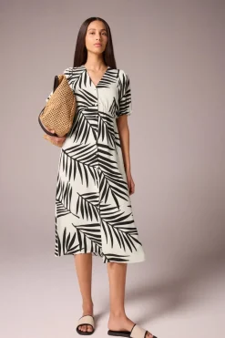 Et Vous White Monochrome Leaf Belted Midi Tea Dress