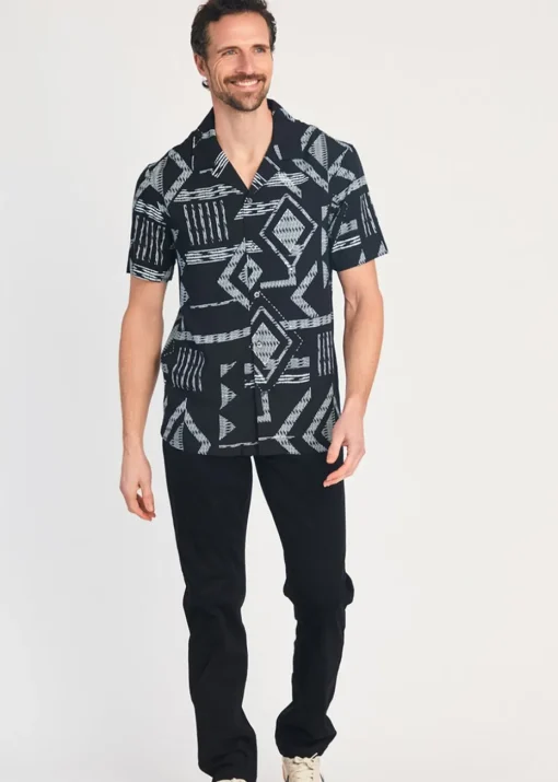 French Connection Black Tribal Print Short Sleeve Shirt