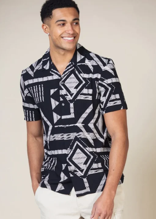 French Connection Black Tribal Print Short Sleeve Shirt