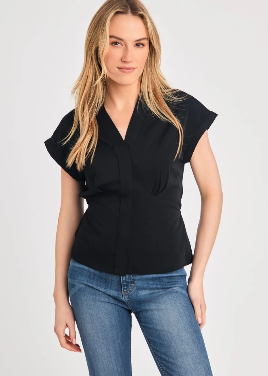 French Connection Black V-Neck Button Up Short Sleeve Crepe Blouse