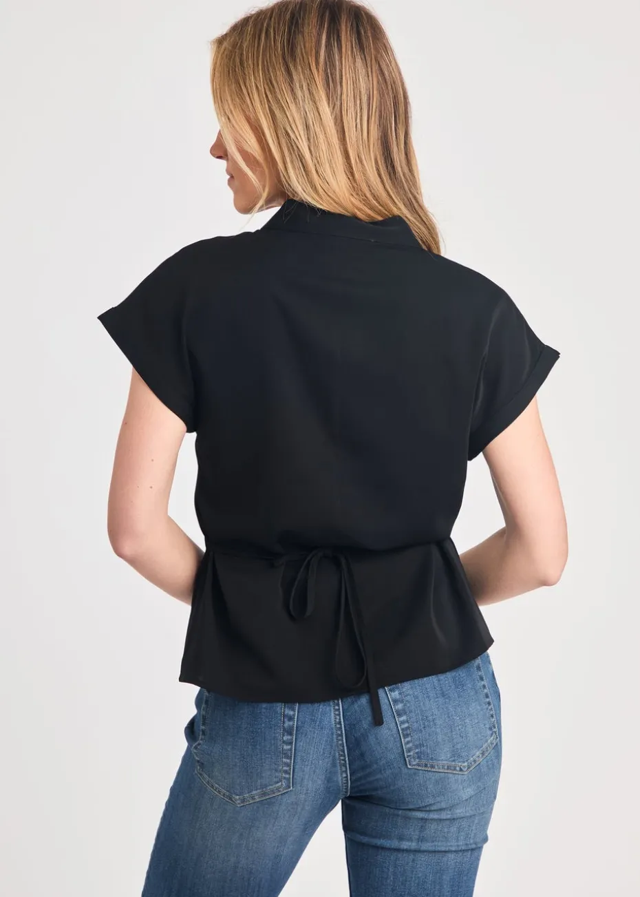 French Connection Black V-Neck Button Up Short Sleeve Crepe Blouse