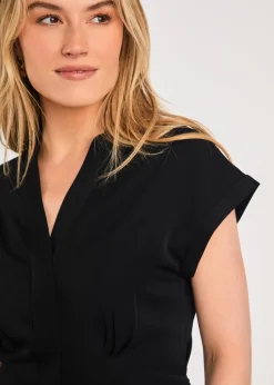 French Connection Black V-Neck Button Up Short Sleeve Crepe Blouse