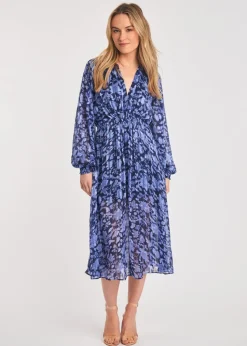 French Connection Blue Long Sleeve Shirred Floral Midi Dress