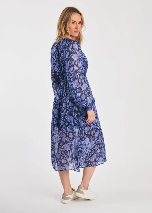 French Connection Blue Long Sleeve Shirred Floral Midi Dress