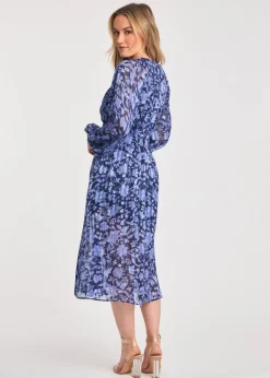 French Connection Blue Long Sleeve Shirred Floral Midi Dress