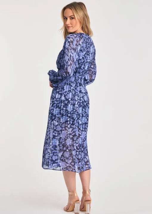 French Connection Blue Long Sleeve Shirred Floral Midi Dress