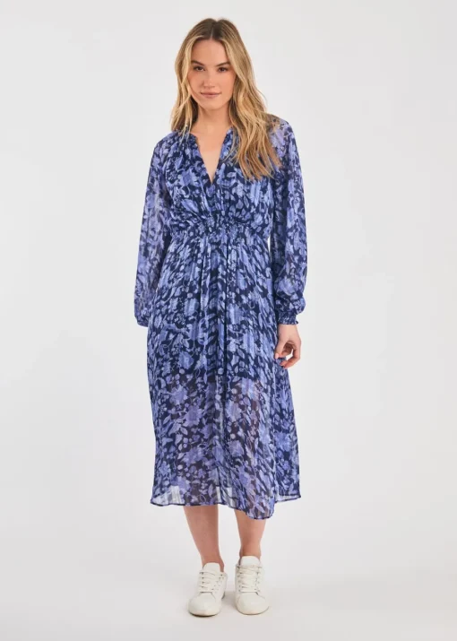 French Connection Blue Long Sleeve Shirred Floral Midi Dress
