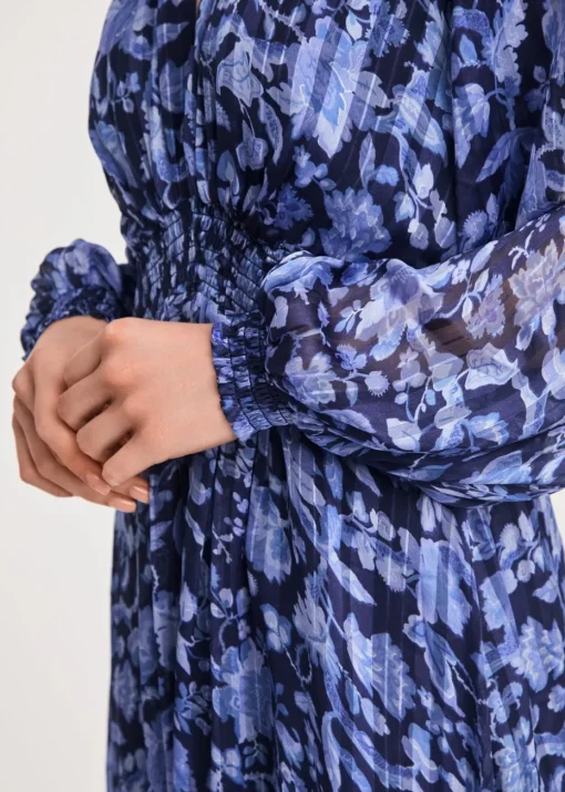 French Connection Blue Long Sleeve Shirred Floral Midi Dress