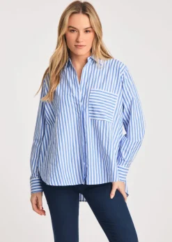 French Connection Blue Relaxed-Fit Striped Popover High-Low Hem Shirt