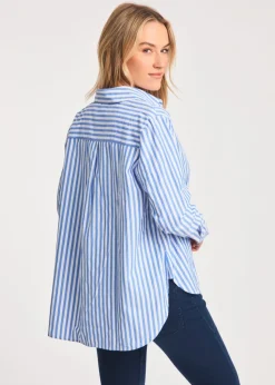 French Connection Blue Relaxed-Fit Striped Popover High-Low Hem Shirt
