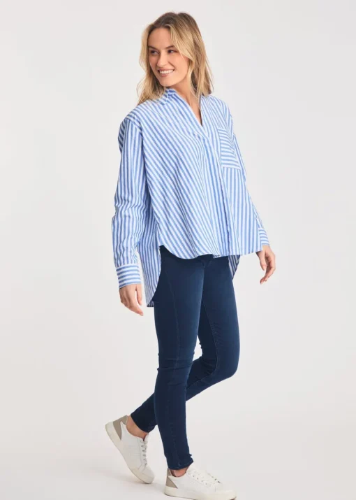 French Connection Blue Relaxed-Fit Striped Popover High-Low Hem Shirt