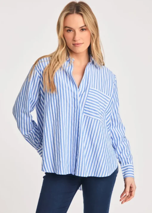 French Connection Blue Relaxed-Fit Striped Popover High-Low Hem Shirt