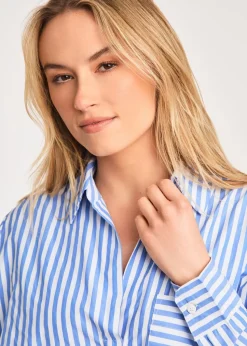 French Connection Blue Relaxed-Fit Striped Popover High-Low Hem Shirt