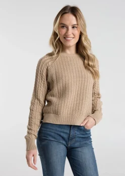 French Connection Camel Cotton Popcorn-Style Cable Knit Crew Neck Jumper