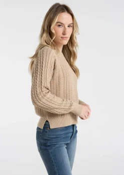 French Connection Camel Cotton Popcorn-Style Cable Knit Crew Neck Jumper