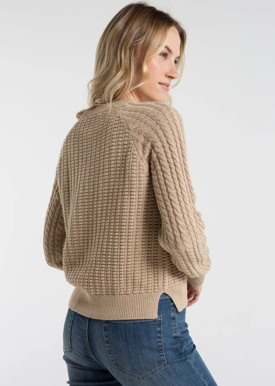 French Connection Camel Cotton Popcorn-Style Cable Knit Crew Neck Jumper