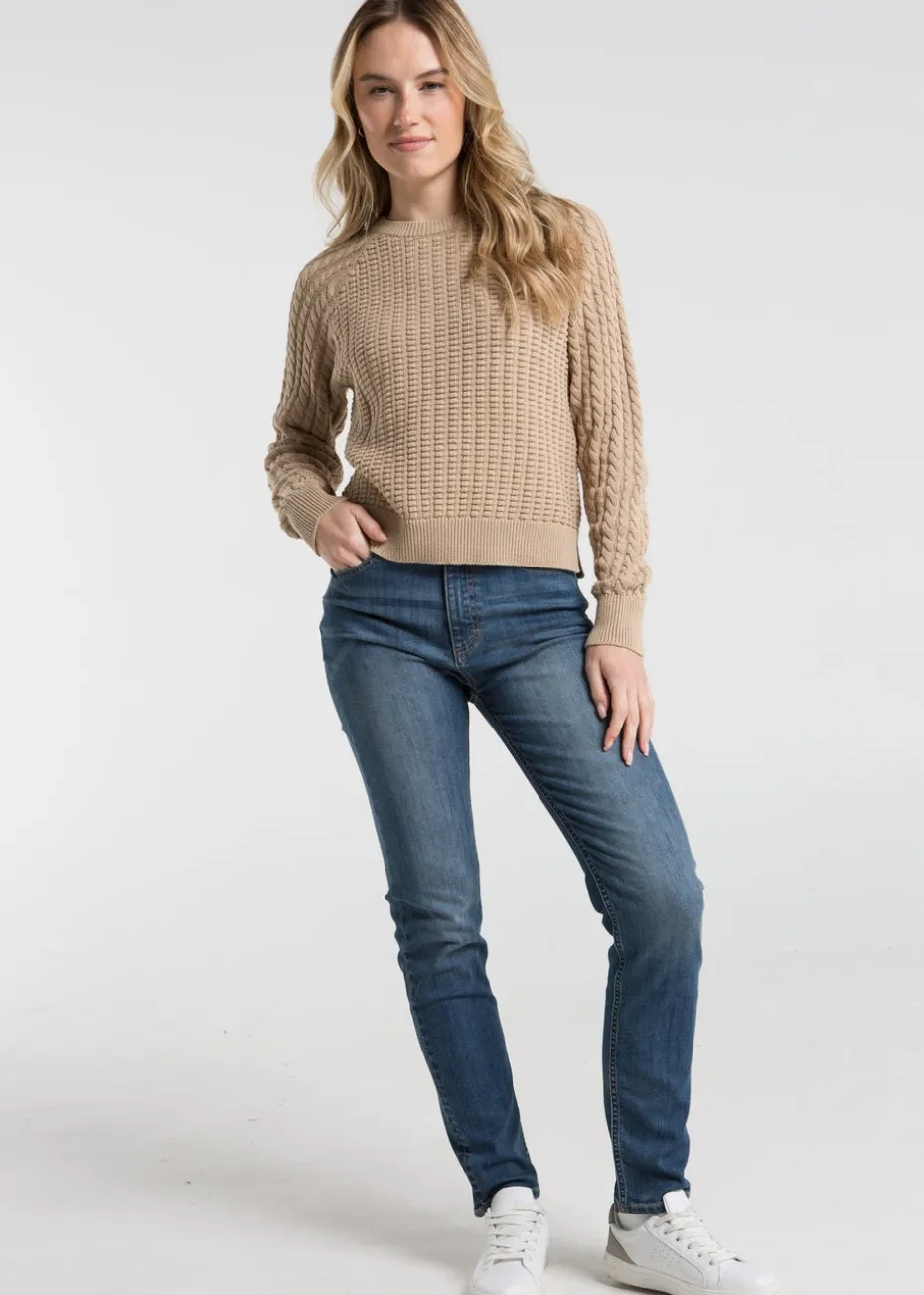 French Connection Camel Cotton Popcorn-Style Cable Knit Crew Neck Jumper